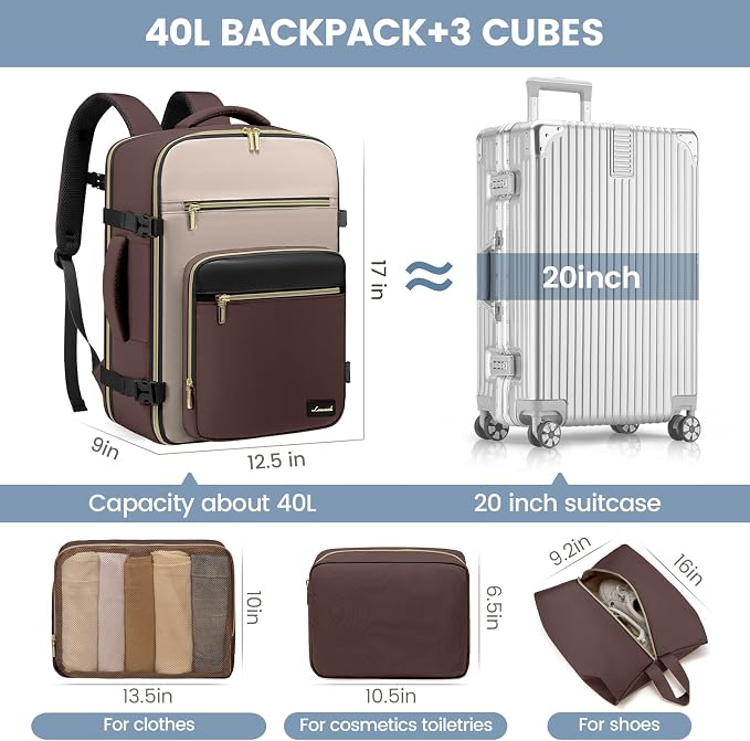 LOVEVOOK Travel Backpack For Women,40L Carry On Backpack Flight Approved,TSA Personal Item Travel Bag Fits 17 Inch Laptop,Business Weekender Overnight Daypack with Toiletry Bag and Cubes - Image 4