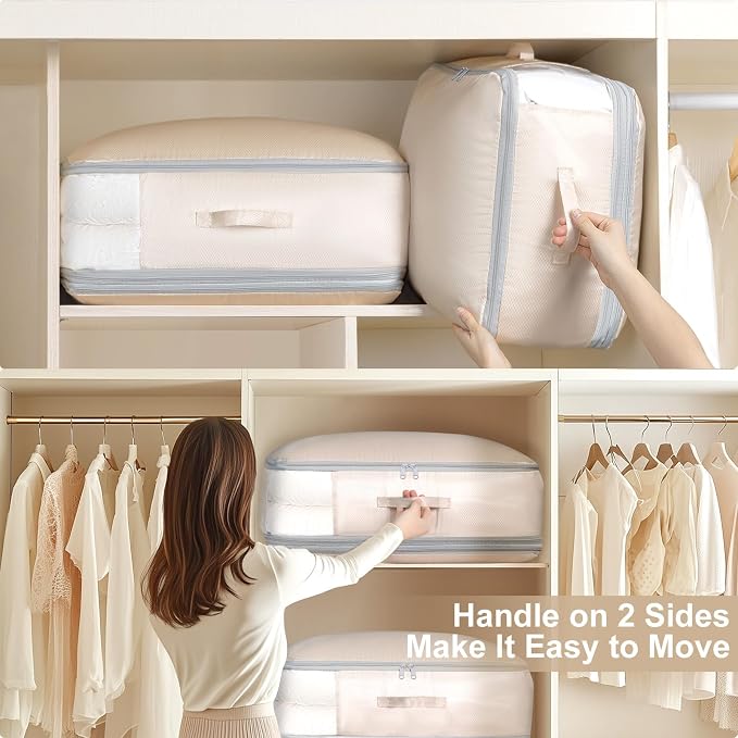 Comforter Storage Bag - Large Capacity Blanket Storage Bags 3-Layer Ultra Space Saving Self Compression Organizer, Washable Compression Bags for Storage Comforter Blanket, 1-Pack, Beige - Image 5