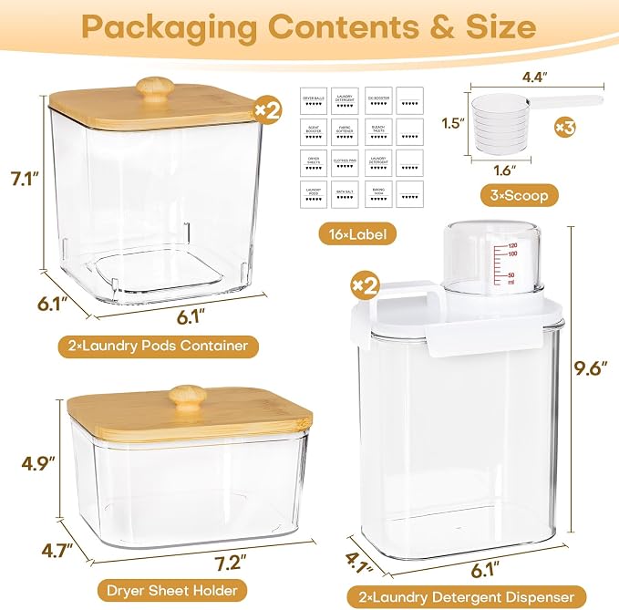 Homde Clear Laundry Detergent Dispenser: 3+2 Pack Reusable Pods Container with Lids for Dryer Balls - Plastic Sheets Holder Set for Scent Booster - Image 2