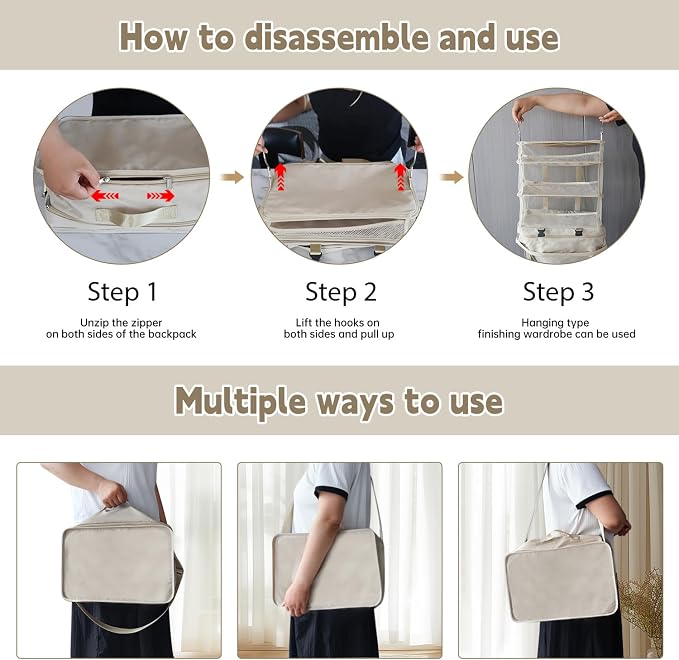 Hanging Packing Cubes for Travel, Oxford 300D fabric hanging storage organizer, can be carried on both shoulders (rice-white, L-1) - Image 4