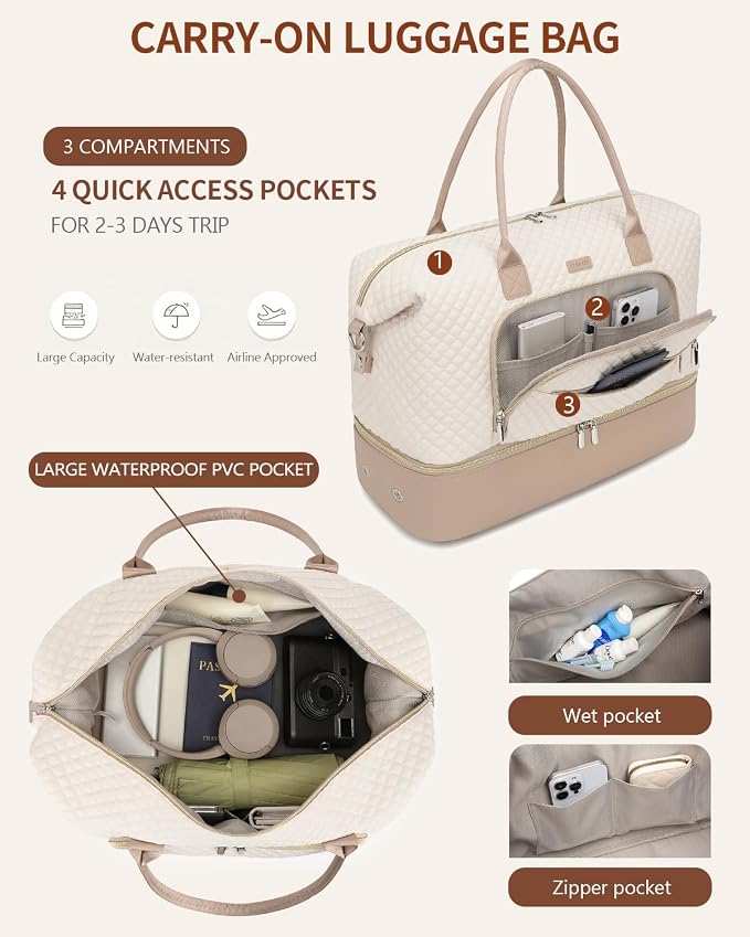 Weekender Bags for Women, Travel Duffle Bag Carry On Overnight Bag with Cosmetics Bag and Crossbody Purse for Gym Hospital, Gifts for Women, Beige Camel - Image 5