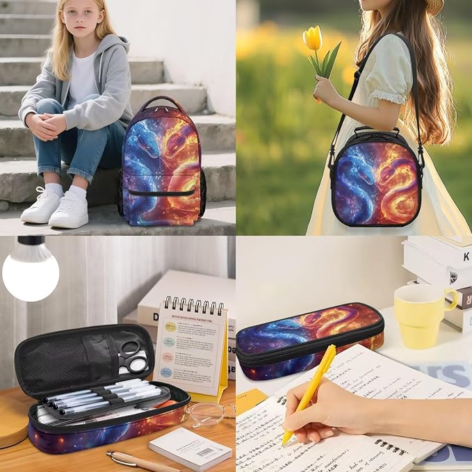 Water Fire Snake 4-in-1 Backpack Set for Boys 4th 5th 6th Grade, Cool School Bag with Lunch Box, Pencil Case & Dinosaur Charm, 17 Inch Sporty Backpacks with Adjustable Shoulder Strap - Image 2