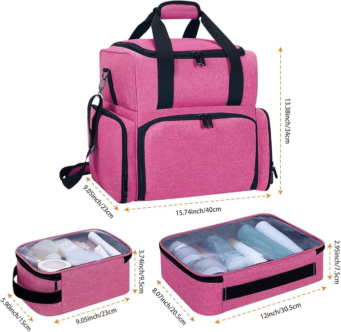 Large Makeup Bag Double Layer with 3 Removable Case,Rose Red | Large Makeup Bag with 3 Removable Case and 2 Removable Dividers Double Layer Travel Cosmetic Makeup Brushes Storage Section - Image 2
