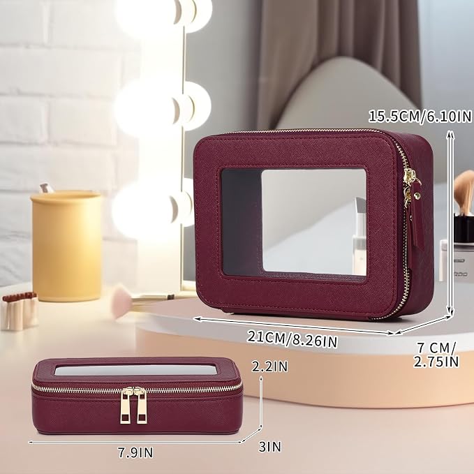 Pinkmik Travel Clear Makeup Bag with Brush Case TSA Approved Toiletry Bag Waterproof Cosmetic Organizer with Zipper Car Essential for Women (X/Burgundy, M+SLIM) - Image 4