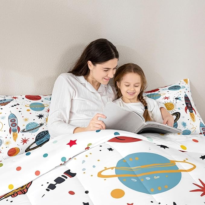 Erosebridal Outer Space Bedding Set King Size Kids Boys Space Ship Rocket Comforter Set Cartoon Universe Stars Planet Down Comforter Cosmos Meteorite Quilt Duvet Set with 2 Pillow Cases - Image 5