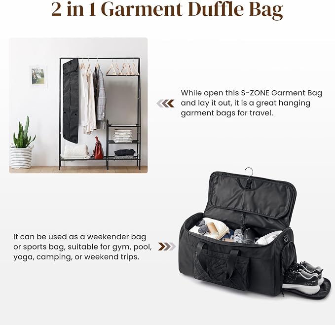 S-ZONE Garment Duffle Bags for Travel Carry on Convertible 2 in 1 Suit Bags Hanging Suitcase with Toiletry Bag 50L - Image 3