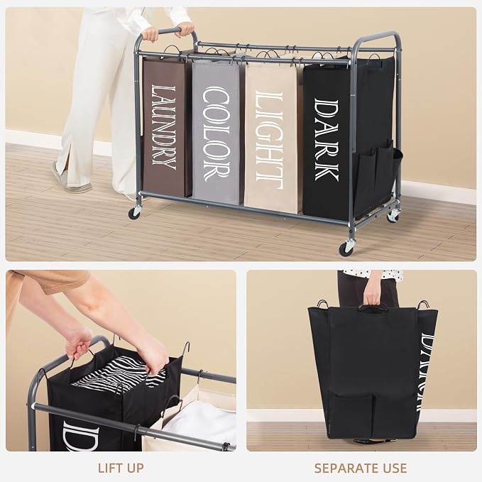 STORAGE MANIAC Laundry Sorter 4 Section, 47.5 Gal (180 L) Laundry Hamper with Wheels, Clothes Divider Basket Sorter, Separator Hamper Cart with Removable Bags, Multicolored - Image 4