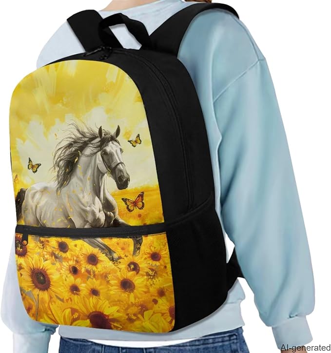 White Horse Backpack for Middle School Girls with Lunchbox Pencil Case, Lightweight School Book Bag for Kids Elementary Preschool Aesthetic Back to School Bookbag for Students - Image 2