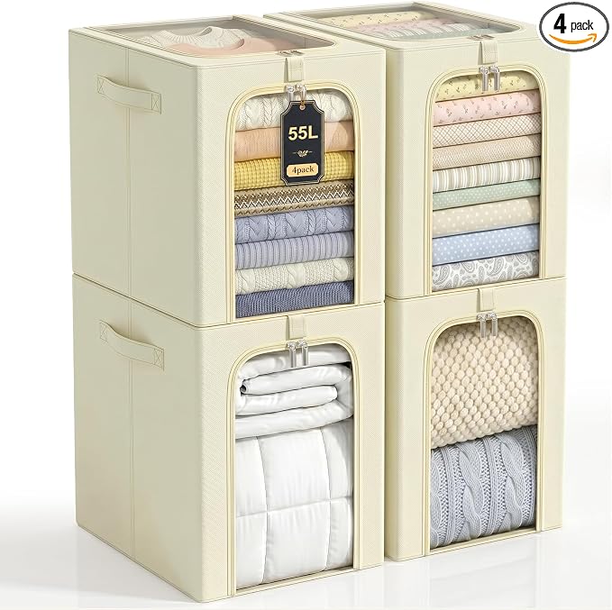 GoMaihe Clothes Storage Bins with Metal Frame, 55L Blanket Storage Boxes for Above Shelf Closet, 4 Pack Stackable Clothing Storage Organizer with Clear Window for Bedding Sweaters Comforters – Beige by GoMaihe
