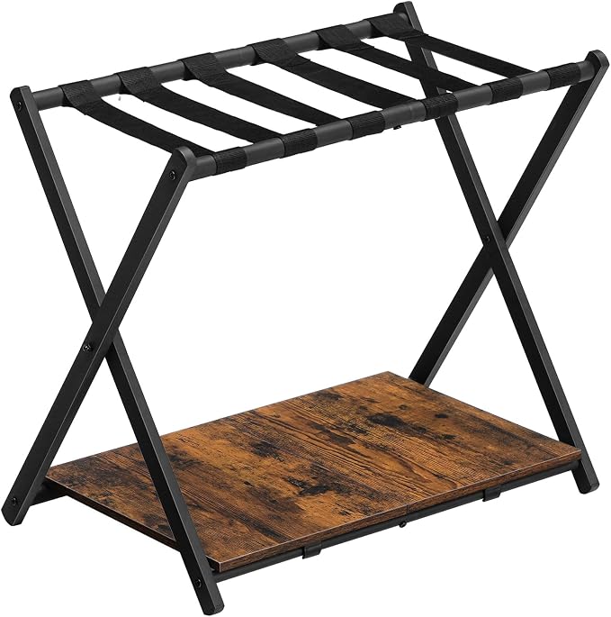 HOOBRO Folding Luggage Rack, Suitcase Stand Holder with Wooden Storage Shelf, Holds up to 110 lb, 27.2 x 15.7 x 24 Inches, for Guest Room, Bedroom, Closet, Hotel, Rustic Brown and Black BF68XL01G1 by HOOBRO