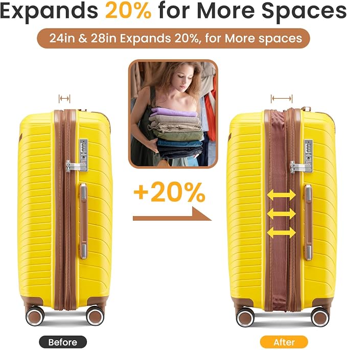Merax Luggage 4 Piece Set Hardside Expandable Suitcase Set with Case,Travel Luggagewith Spinner Wheels,Airplane Approved Carry On Luggage Sets,Yellow,14/20/24/28 - Image 3