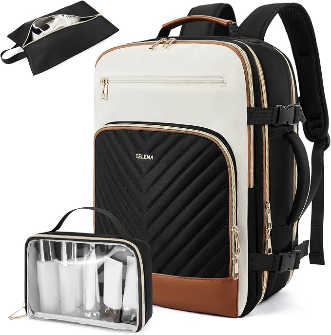 Telena Travel Backpack for Women, 15.6 inch Laptop Backpack TSA Carry on Backpack Personal Item Size Flight Approved Travel Bag Daypack with Multi-Pockets for Work, Travel, Business, Black-Beige-Brown by Telena