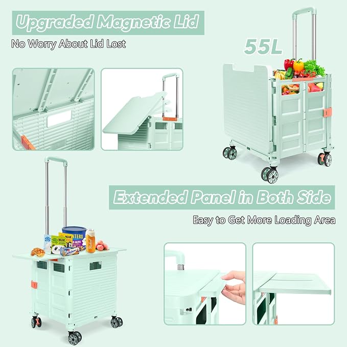 FELICON SELORSS Folding Utility Cart Portable Rolling Crate Handcart-Green | Adjustable Handle+Extended Magnetic Lid,Storage Basket Box,4 Swivel Wheels Tote for Teacher Move Shop Travel Grocery Office - Image 3