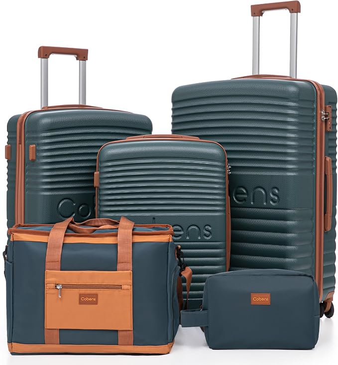 5 Piece Luggage Sets with Spinner Wheels and Tsa Lock, Hardshell ABS Suitcase Set, Lightweight Hardside Waterproof Travel Suitcases for Men Women, 20", 24", 28" DarkGreen by Cobens