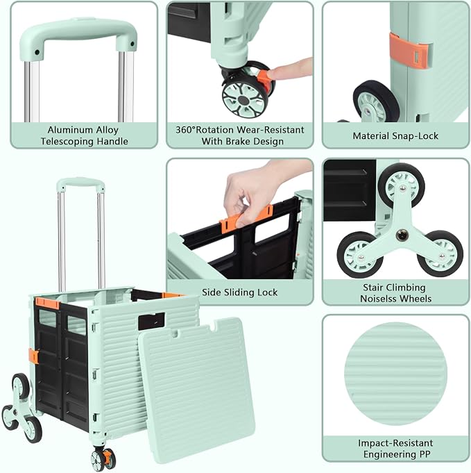 FELICON SELORSS Folding Utility Climber Cart Portable Rolling Crate-Green | Stair Climbing Wheels+360°Swivel Wheels,Telescoping Handle,Plastic Box Dolly for Travel Shop Move Laundry Office Teacher Use - Image 2