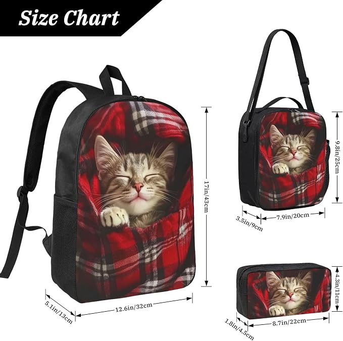 Cat Kid Backpack Set with Lunch Bag & Pencil Case Large Capacity School Bag 17 Inch Bookbag for Boy Girl - Image 3