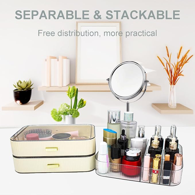 Makeup Organizer with 2 Drawers, Cosmetics Organizer for Bedroom and Bathroom Vanity Countertops, Large Capacity Cosmetic Storage Box for Skincare Cream Perfume Lipstick Dresser Counter-White - Image 2