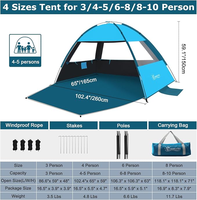 COMMOUDS Beach Tent Sun Shelter for 3/4/6/8 Person, UPF 50+ UV Protection Beach Shade Canopy Tent, Lightweight, Easy Set Up and Carry - Image 2