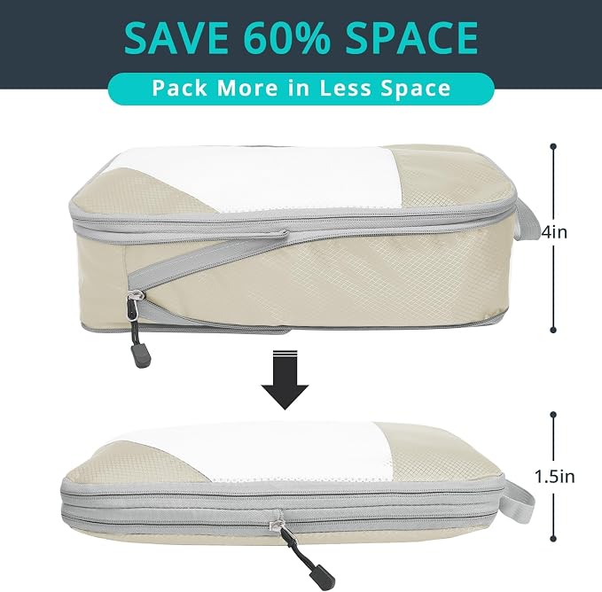 Compression Packing Cubes 10 Set, Compressible Space-Saving Packing Cubes for Travel - Compression Bags, Luggage Organizer, Travel Essentials for Women, Beige - Image 2