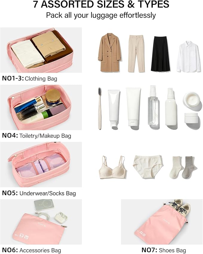 Hanke 7 Piece Expandable Compression Packing Cubes, Premium Travel Packing Organizers for Suitcases/Carry On, Luggage Organizer Bags with Breathable Mesh & Label,Pink - Image 5