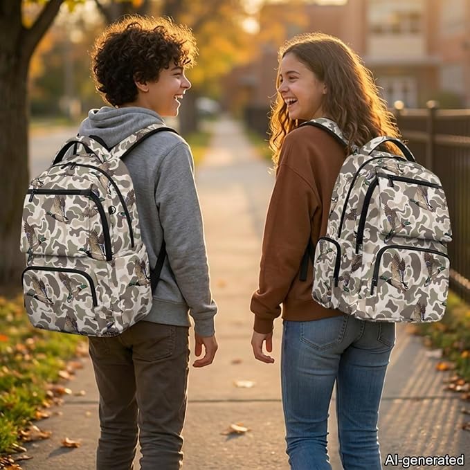 Mallard Duck Camo Kids Backpack Set 4Pcs, 17 Inch School Bag | Water Bottle Holder, Durable 600D Multi-Pocket Design, for Elementary Middle School Students, Great Back to School Gift - Image 2