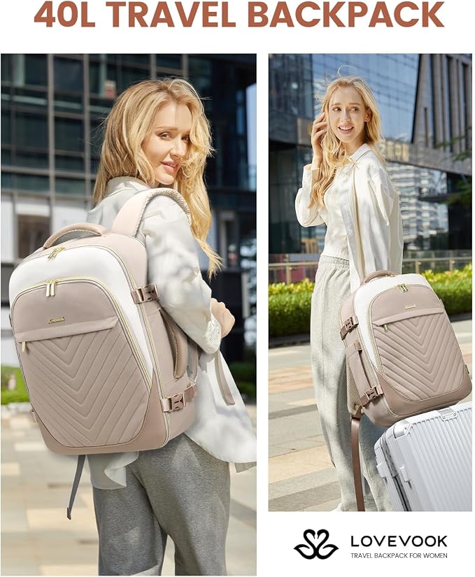 LOVEVOOK Travel Backpack for Women, TSA Approved Carry On Backpack with 2 Packing Cubes, Personal Item Backpack Fits 17 Inch Laptop, Weekender Water-resistant Daypack, Khaki-beige - Image 2