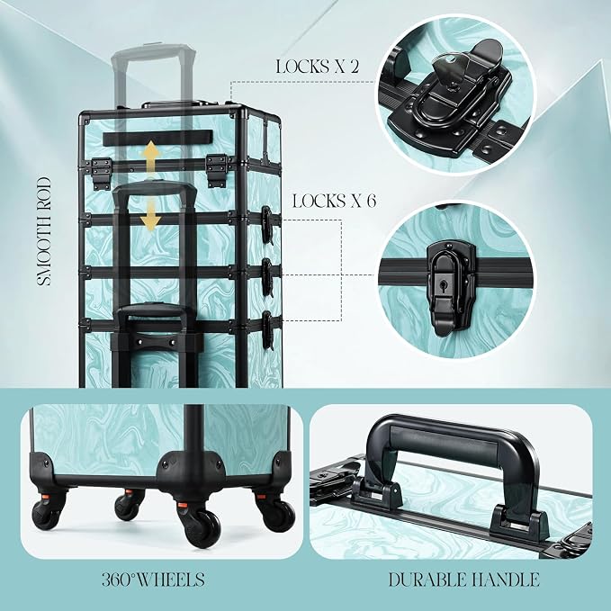 Yueieoun Rolling Makeup Case, 4 in 1 Makeup Case on Wheels, Professional Makeup Trolley, Cosmetic Train Case Makeup Cart Travel Trolley with Key for MUA, Hairstylists, Nail Tech, Turquoise Vitality - Image 7