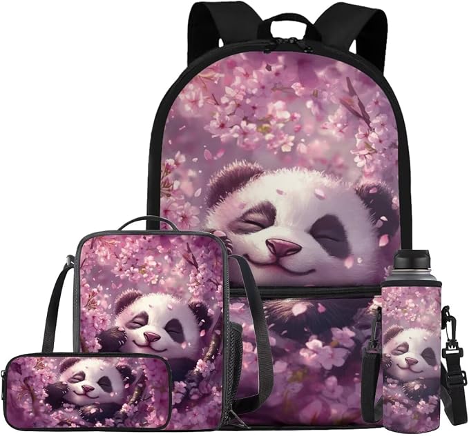 Cherry Blossom Panda Backpack for Girls Kids Backpack with Lunch Box Water Bottle Holder and Big Pencil Case 4PCS Set Bookbag with Front Pocket for School 17 inch Sturdy Elementary School Bag by ELEDIZI