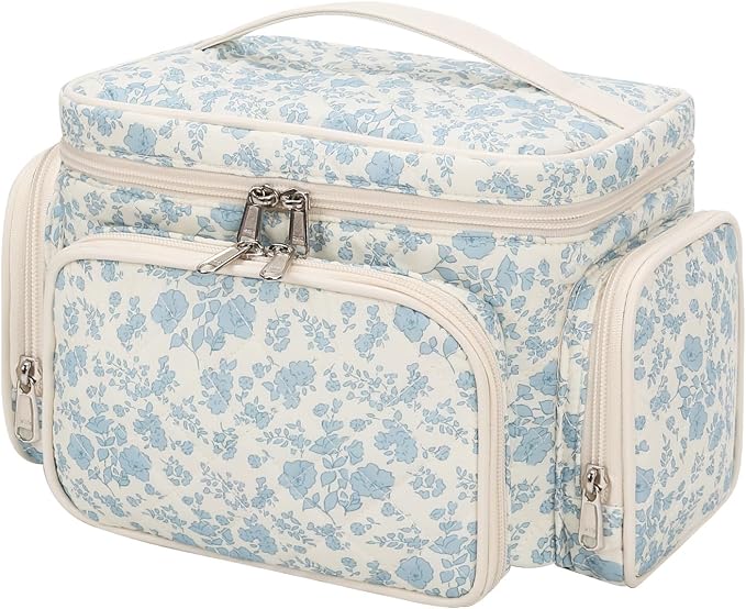 Bagmoly Large Cotton Makeup Bag, Quilted Floral Makeup Bag Organizer for Women Girls with Makeup Brush Compartment & Two Side Pockets, Cosmetic Travel Bag Vertical Storage- Blue Flower - Image 8