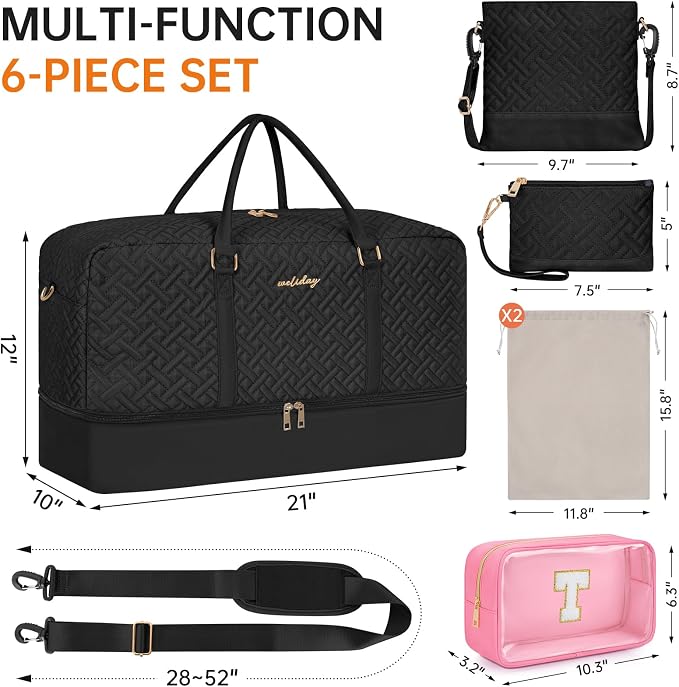 Weekender Bag for Women, 6 Pcs Set Carry on Overnight Bag, 21" Travel Duffel Bag with Initial Clear Makeup Pouch and Waterproof Shoe Compartment - Image 2
