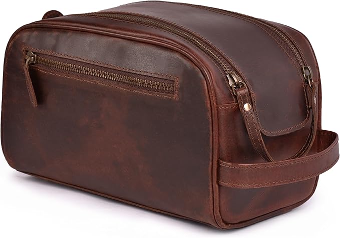Premium Leather King Size Toiletry Travel Pouch – Handcrafted Dopp Kit with Waterproof Lining, Spacious Design for Travel Essentials, Elegant Cherry Finish by DHAMPOOH