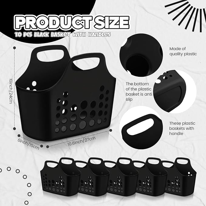 Nuogo 10 Pack Black Plastic Basket with Handles Oval Plastic Shower Caddy Bulk Reusable Multipurpose Storage Organizer for Bathroom Dorm Communal Showers Kitchen School, 10.6" x 6" x 10" - Image 2