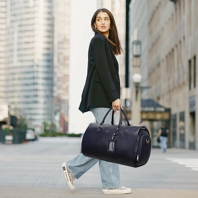 Modoker Women Convertible Leather Garment Bag with Shoulder Strap, PU Leather Garment Duffel Bag Carry on 2 in 1 Hanging Suitcase Suit Travel Bags, Blue - Image 6