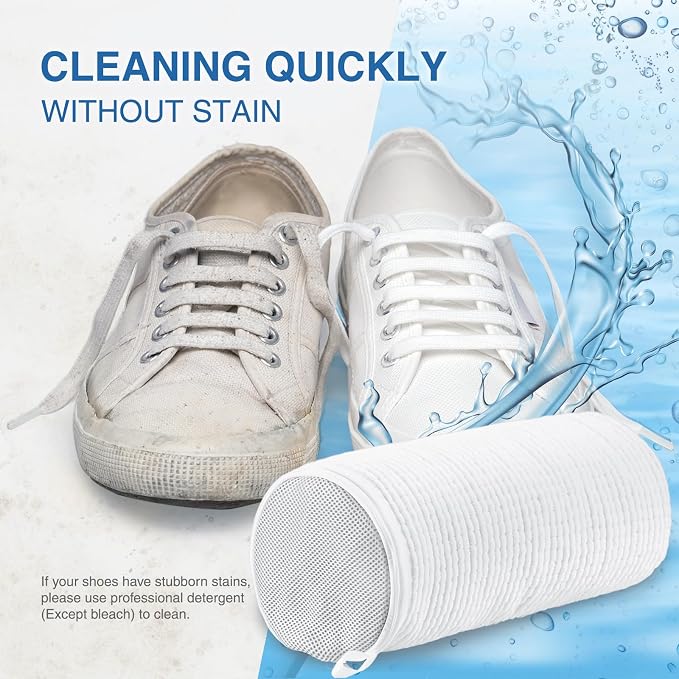 Teletrogy Shoe Washing Bag for Washing Machine, Fluffy Fibers Keep 360° Wrap-around Cleaning, Adjustable Shoe Trees, Durable Hidden Zipper Reusable Laundry Bag for Sneaker Gym Shoes White - Image 3