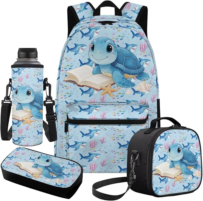 Learning Sea Turtle Backpacks for Girls School Cute Bookbag with Lunch Box Backpack for Boys Set of 4 Back to School Supplies for Elementary 8-12 Kids Bookbag for Daily - Image 2