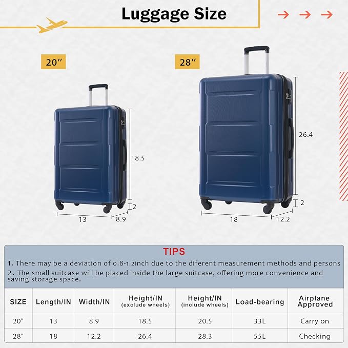 Merax Luggage Set 2 Piece Suitcase Sets with Spinner Wheel,Lightweight Hardside Expandable Travel Laggage with TSA Lock,Suitcase with Travel Bag(20"/28",Blue) - Image 4