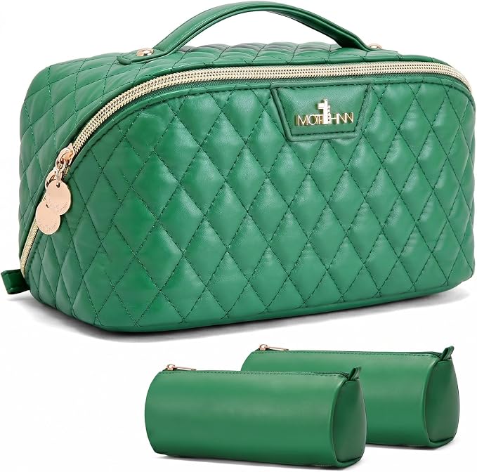 Travel Makeup Bags Cosmetic Organizer: 3Pcs Set Puffy Make up Bag for Women | ForestGreen Premium Quilted ELEGANCE Design | Large Capacity Leather Toiletry Bags | Wide Open Compact Case for Travel by Unknown