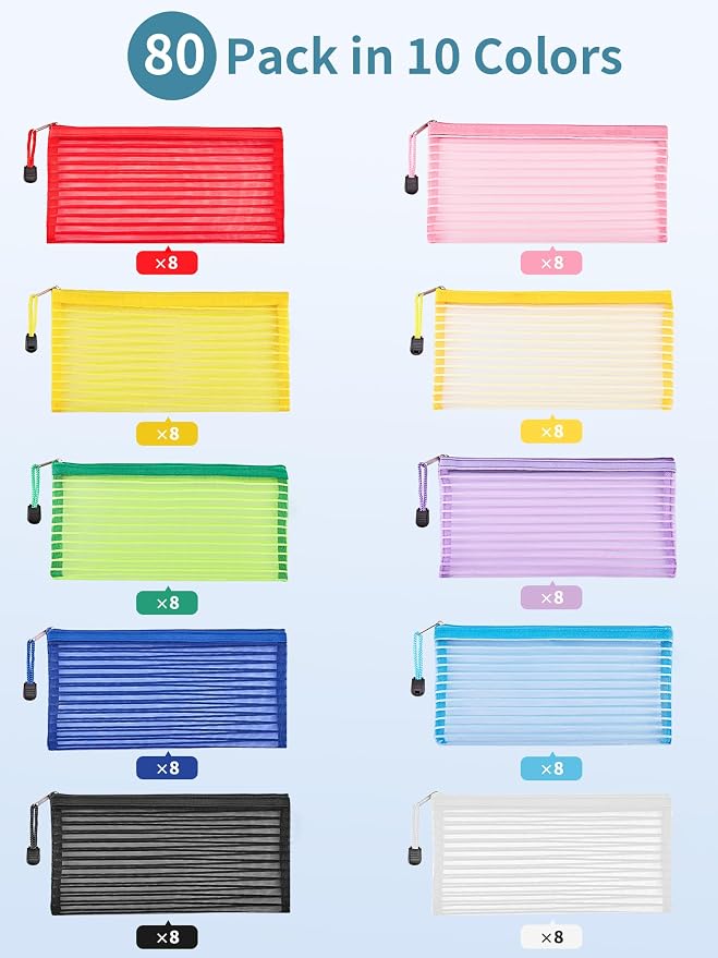 JARLINK Zipper Mesh Pouch, 80 Pcs multi-use Pencil Bags in 10 Colors | Multipurpose Pencil Pouch Bulk for School, Office Supplies, Cosmetics, Makeup&Travel Accessories, Solid Color - Image 4