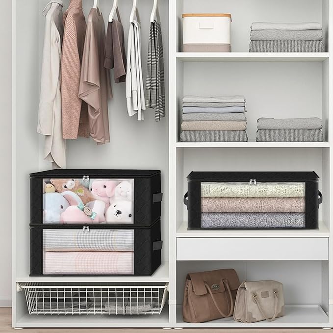 HomeHacks 6-Pack Clothes Organizer Storage Bags Foldable Storage Box with Large Clear Window Sturdy Handles for Closet, Dorm, Pillows, Bedding, Clothes, Stuffed Toys, Blankets, 35L, Black - Image 5