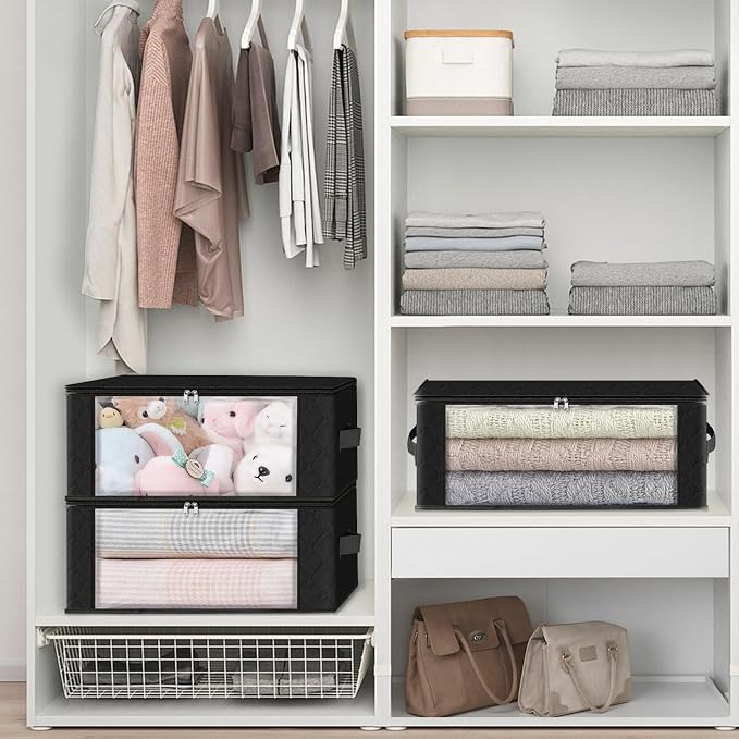 HomeHacks Storage 8-Pack Clothes Organizer Storage Bags Foldable Storage Box with Large Clear Window Sturdy Handles for Closet, Dorm, Pillows, Bedding, Clothes, Blankets, 35L, Black - Image 5