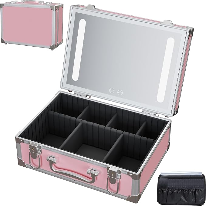 Cybergiant Travel Makeup Case with LED Mirror - Hard Shell Pink Travel Makeup Bag with Mirror - Portable Makeup Organizer with Mirror, Vanity Case for Cosmetics, Adjustable Divider by Unknown