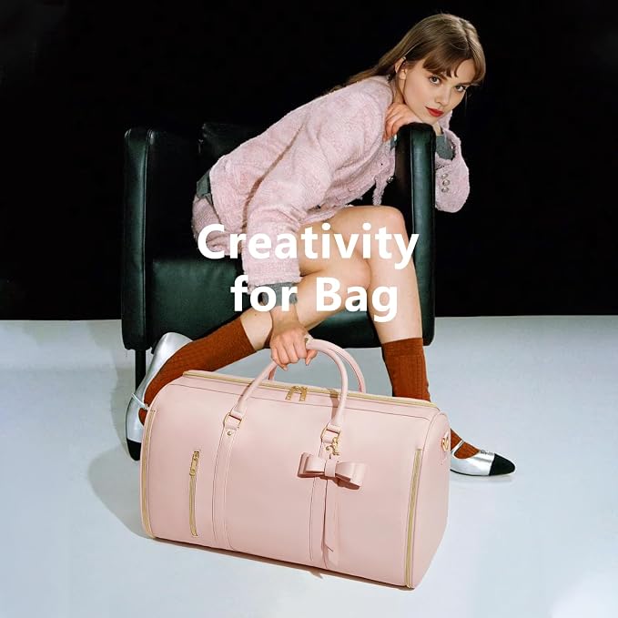 Garment Bags for Travel, Convertible Suit Travel Bag for Women, Fashion & Cute Carry On Garment Bag w/Shoes Pouch, 2 in 1 Foldable PU Leather Hanging Duffle Bag, Single-Zipper Design, Pink - Image 8