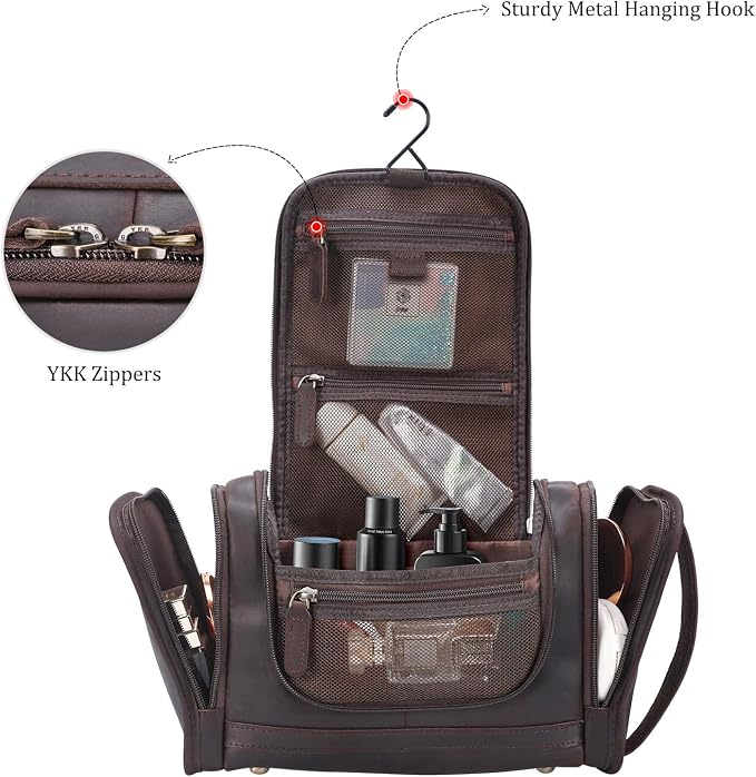 Polare Full Grain Leather Toiletry Bag Travel Dopp Kit Makeup Cosmetic Organizer Shaving Kit Wash Case with Hanging Hook - Image 7
