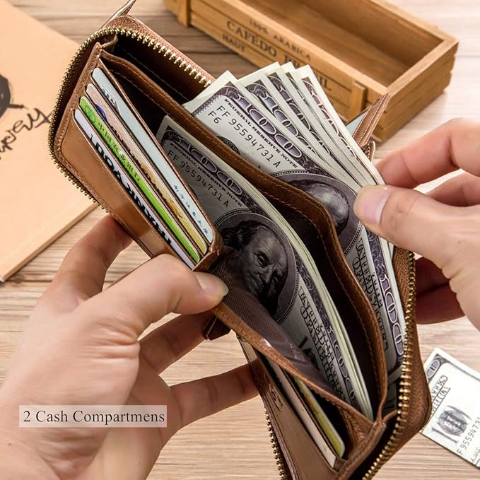 BULLCAPTAIN Genuine Leather Wallet for Men Large Capacity ID Window Card Case with Zip Coin Pocket QB-231 (Brown)