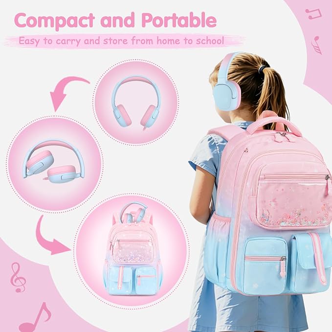 ACESAK Kids Backpack for Girls, Mermaid Backpack Set with Over-ear headphones, Lunch Bag Set for School, Girls Backpack for Elementary Middle school Teen Student(Pink Blue) - Image 5