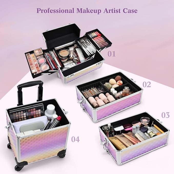 Yueieoun Makeup Case on Wheels, Rolling Train Case, 4-in-1 Makeup Trolley, Cosmetic Cases Makeup Travel Cart with Key for MUA, Hairstylists, Nail Tech, Gradient Purpple - Image 3