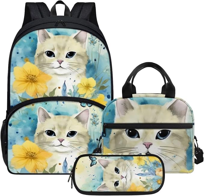 Floral Cat Print Backpack Set for Girls Kids Lightweight Cute School Backpack with Lunch Box Pencil Case Adjustable Strap Padded Book Bag Insulated Lunch Bag by Parprinty