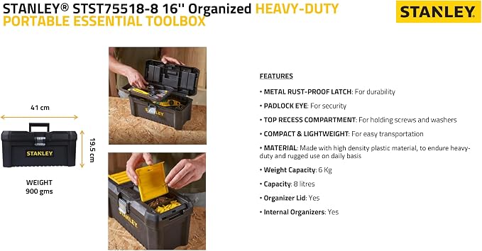 STANLEY Essential Tool Box (16in), Durable Storage Solution with Removable Tote Tray and Organisers, for Parts and Tools Storage, STST1-75518 - Image 4