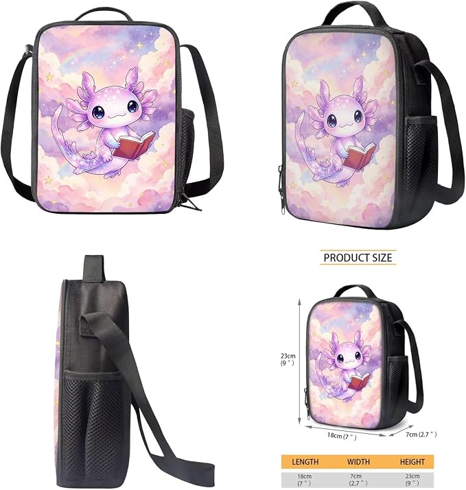 Book‑Reading Axolotl Girls School Backpack Set, 17'' 4-Piece Bookbag with Insulated Lunch Box, Pencil Case & Water Bottle Holder, Cute Schoolbag for Kids Age 6-12, Elementary Grade 1-6 - Image 5
