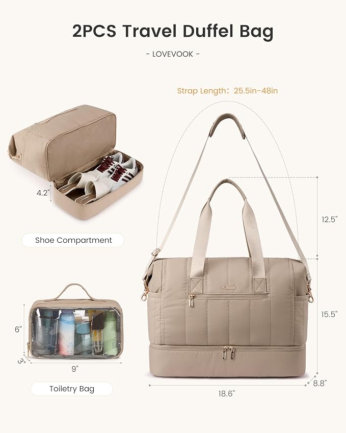 LOVEVOOK Travel Duffle Bag,Puffer Weekender Bags For Women with Shoe Compartment,42L Carry On Overnight Duffel Bag For Airplanes,Hospital Bag for Labor and Delivery,2Pcs Set - Image 2